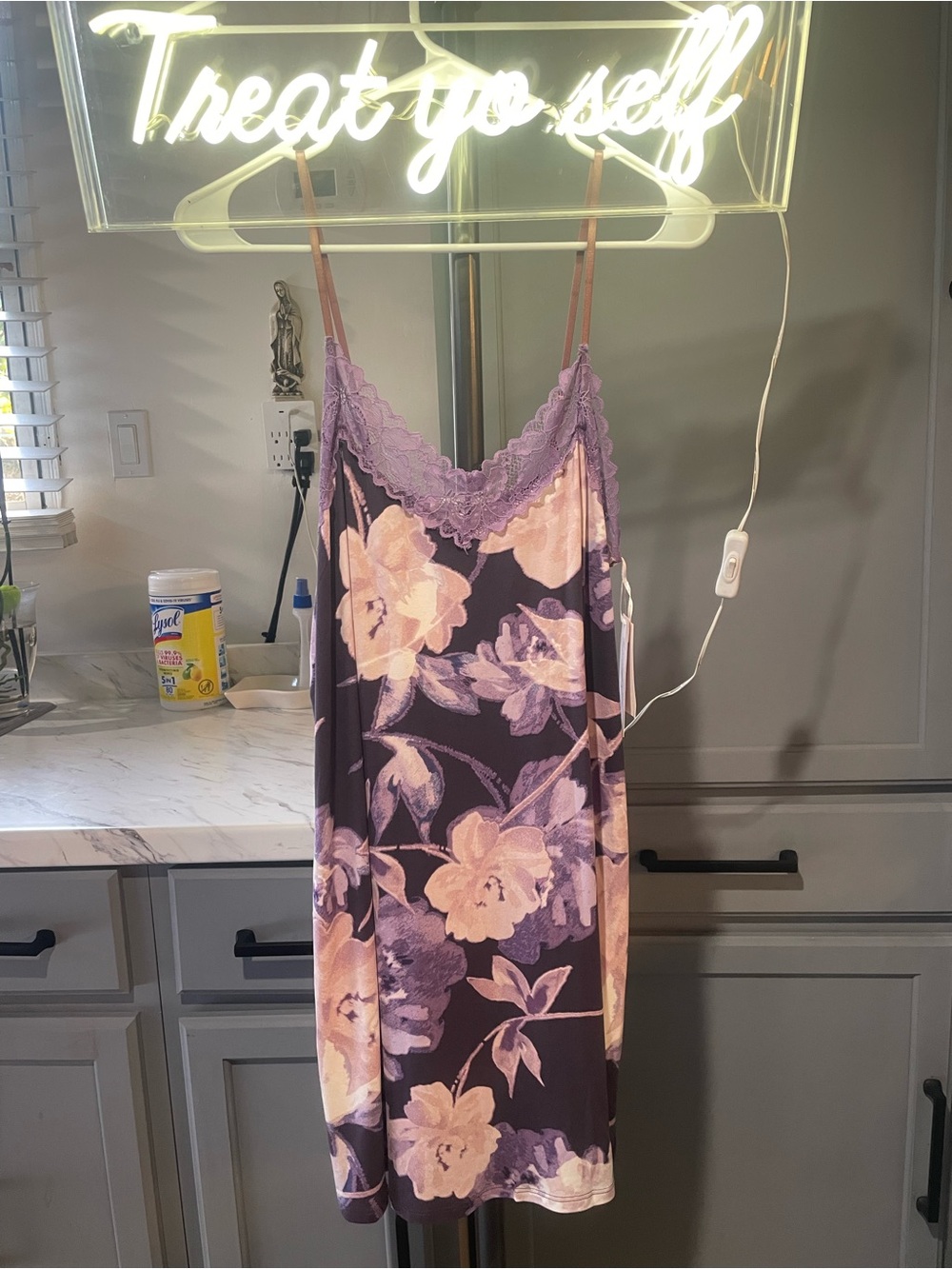 Linea Donatella Purple Floral Lace-Trim Chemise with Pink Accents